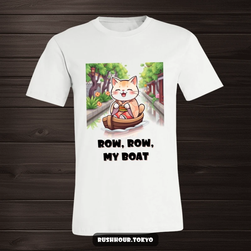 Funny plump cat wearing a patterned kimono, joyfully rowing a small boat on a canal, depicted on a comfortable graphic tee.
