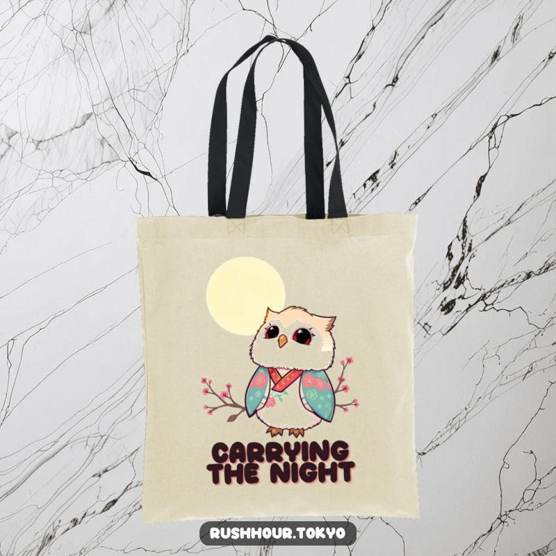 Funny fluffy owl in a vibrant kimono gazing up at a serene moonlit sky, printed on a durable and chic tote bag.