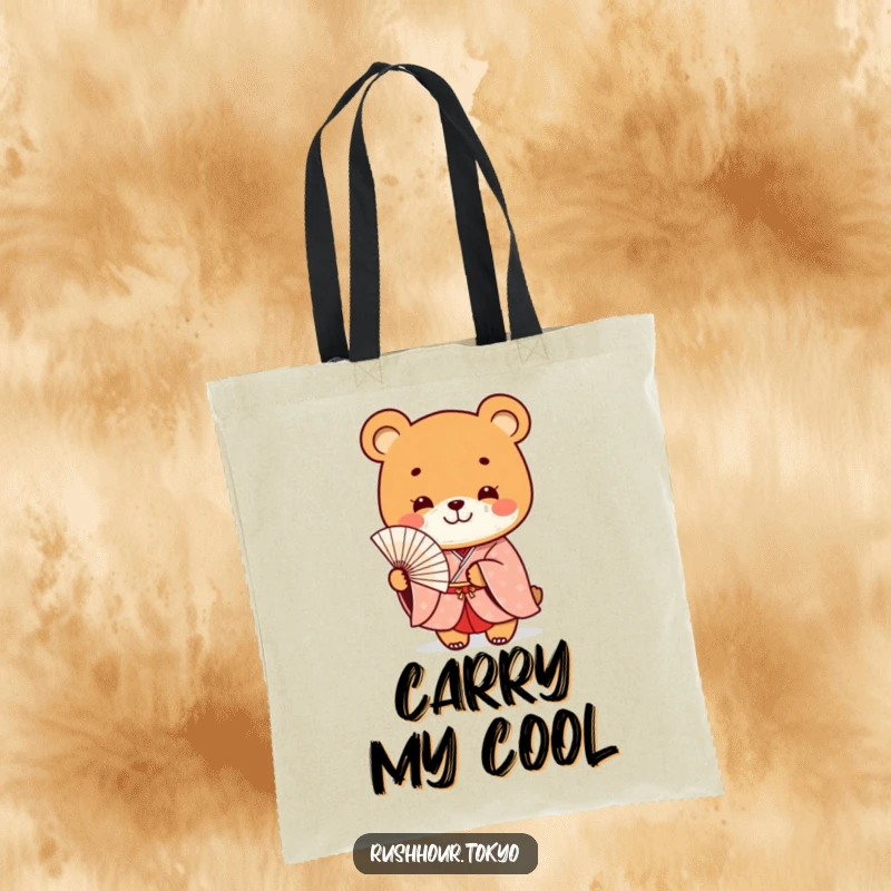 Funny playful bear character in a formal kimono smiles while holding a delicate fan, printed on a durable tote bag.