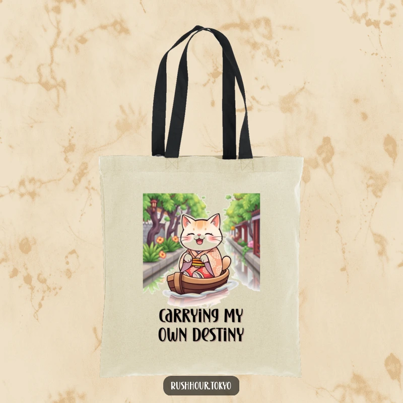 Funny plump cat wearing a kimono, joyfully rowing a boat on a canal, printed on a durable and stylish tote bag.