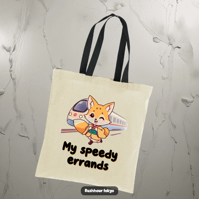 Cheerful fox character in a traditional kimono gallops alongside a speeding bullet train on a humorous tote bag.